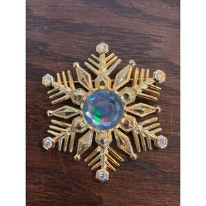 Vintage JJ Gold Snowflake Brooch Iridescent Crystal Center & Rhinestone Accents
